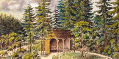 Hölzerne Hütte in Monplaisir. Aquarell um 1830