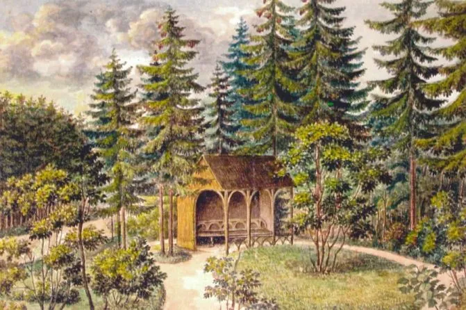 Hölzerne Hütte in Monplaisir. Aquarell um 1830